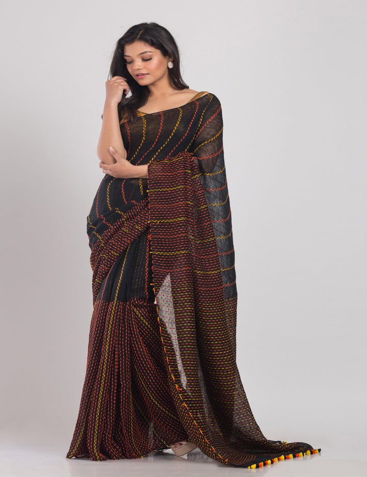 Black and brown stripes handwoven linen sari