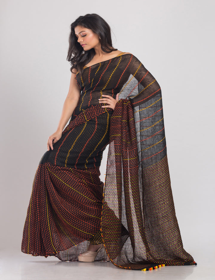 Black and brown stripes handwoven linen sari