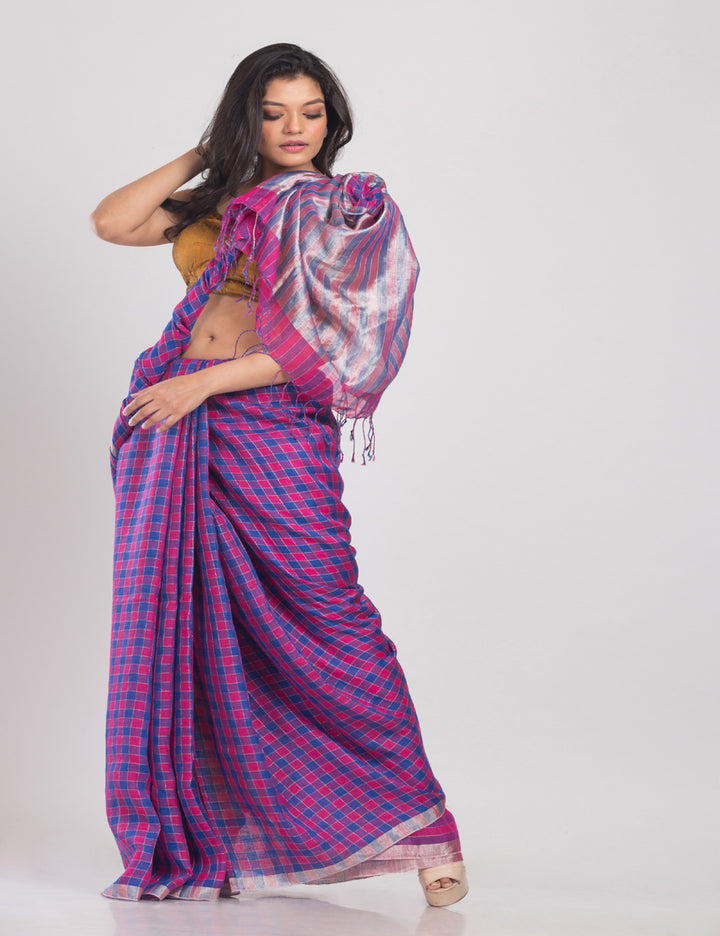Navy blue pink stripes handwoven linen sari