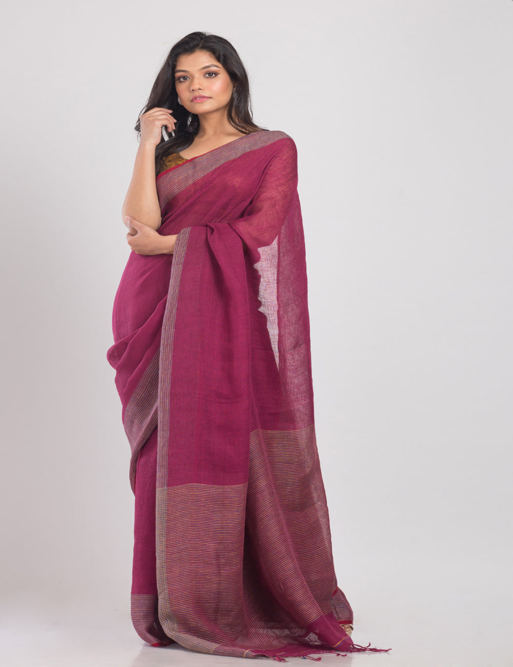 Rose maroon handwoven linen sari