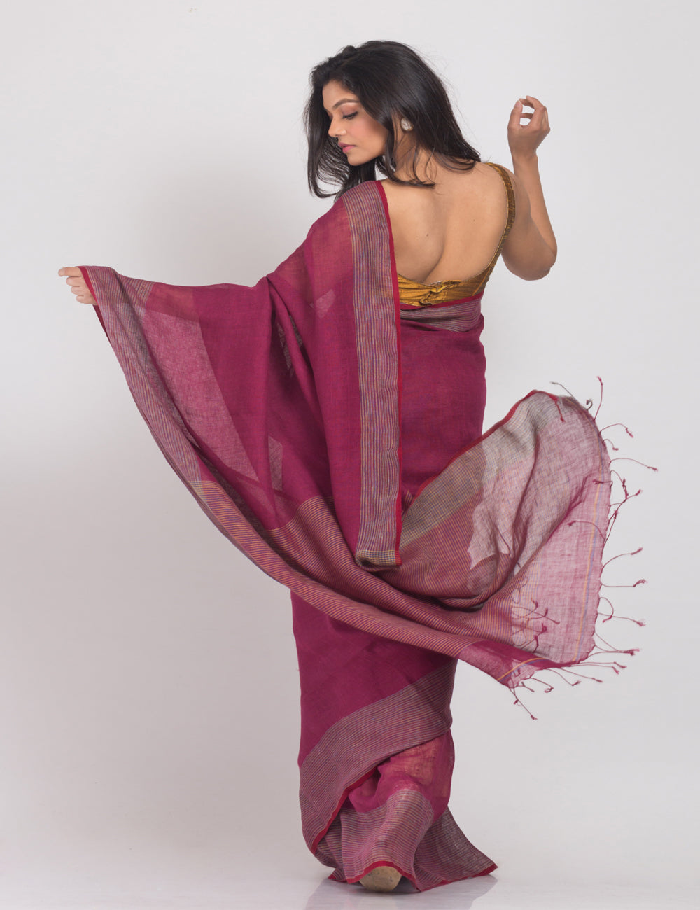 Rose maroon handwoven linen sari