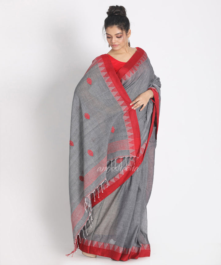 Grey Red Handwoven Cotton bengal saree
