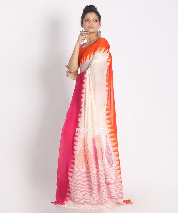 White Rani Orange Handwoven Cotton bengal saree