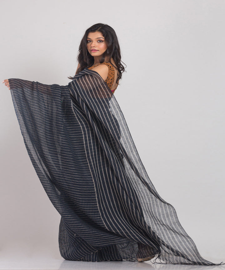 Grey Stripe Handwoven Linen bengal saree