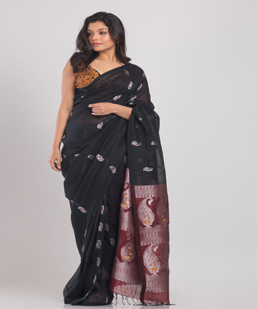 Black Handwoven Linen bengal saree