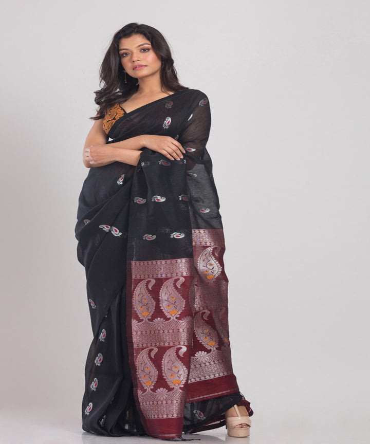 Black Handwoven Linen bengal saree