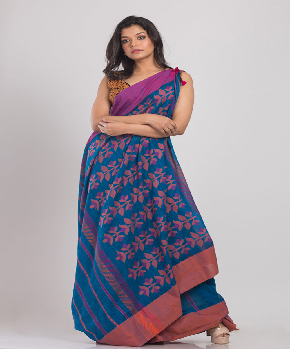 Dark Blue Handwoven Cotton bengal saree