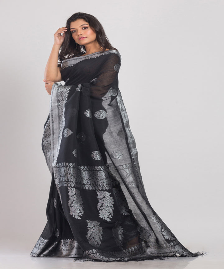 Black Silver Handwoven Linen bengal saree