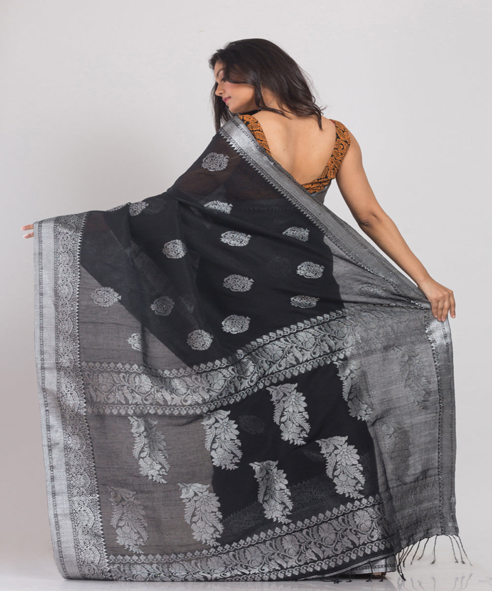 Black Silver Handwoven Linen bengal saree