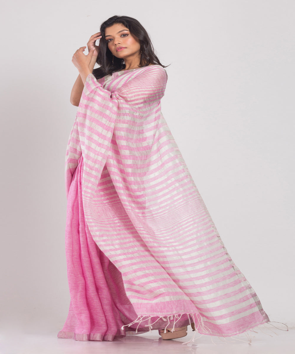 Pink Stripe Handwoven Linen bengal saree