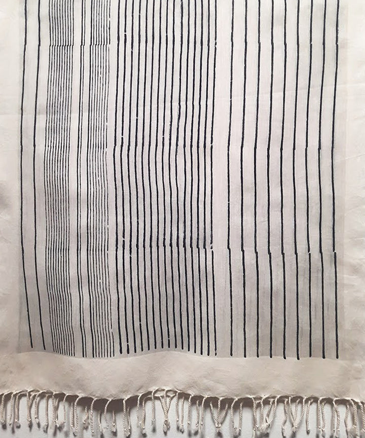 White black striped handblock print cotton silk stole