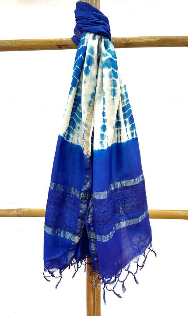 Blue and white tussar silk handwoven tie and dye stole