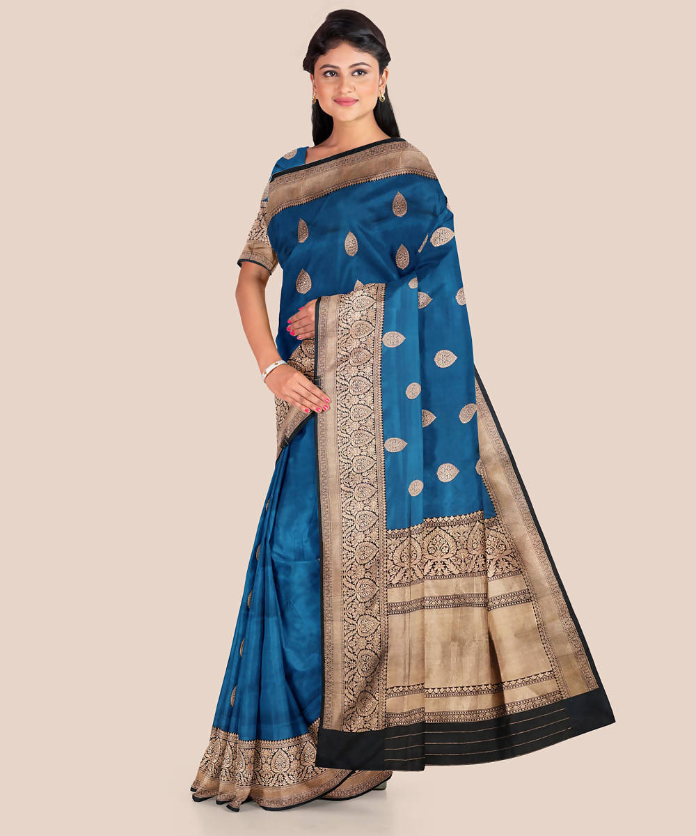 Bright navy blue handwoven silk banarasi saree