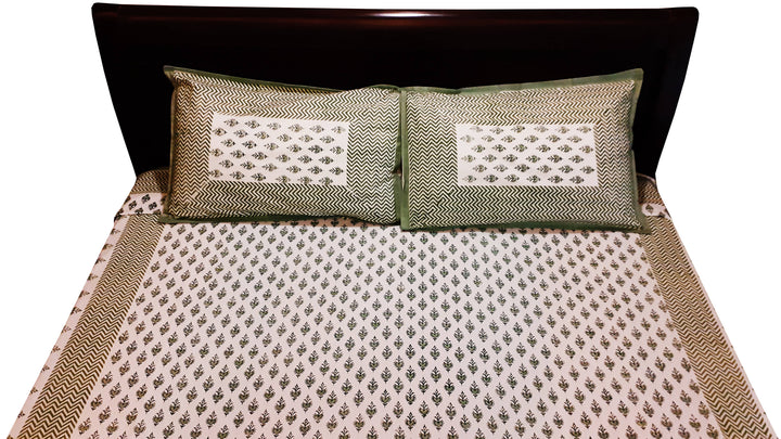 Green off white hand block printed cotton bedsheet with pillow cover