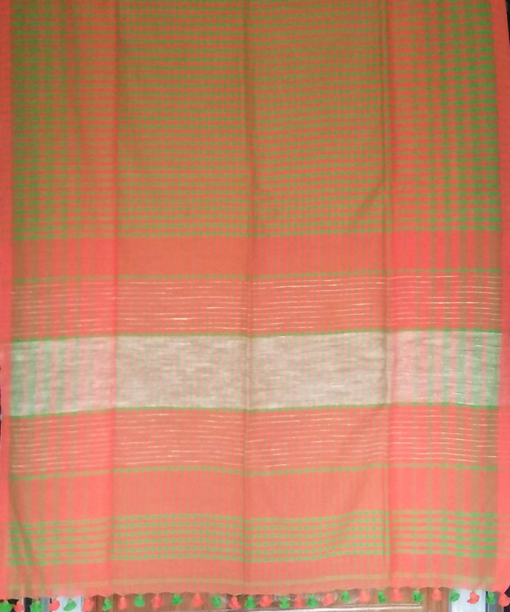 Orange Green Bengal Handloom Gamcha Cotton Saree