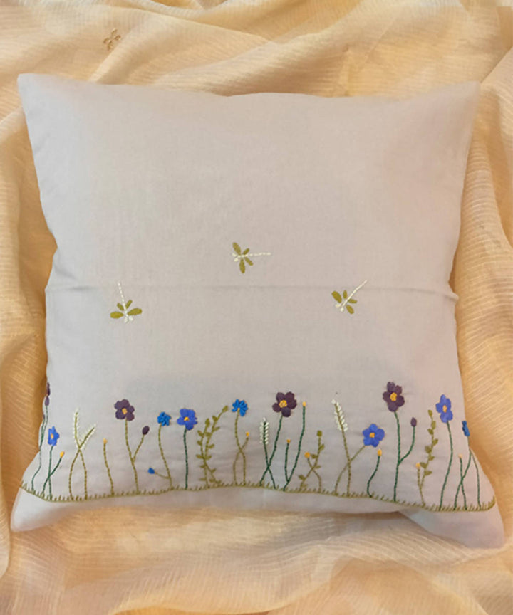 Hand embroidered grey floral cotton cushion cover