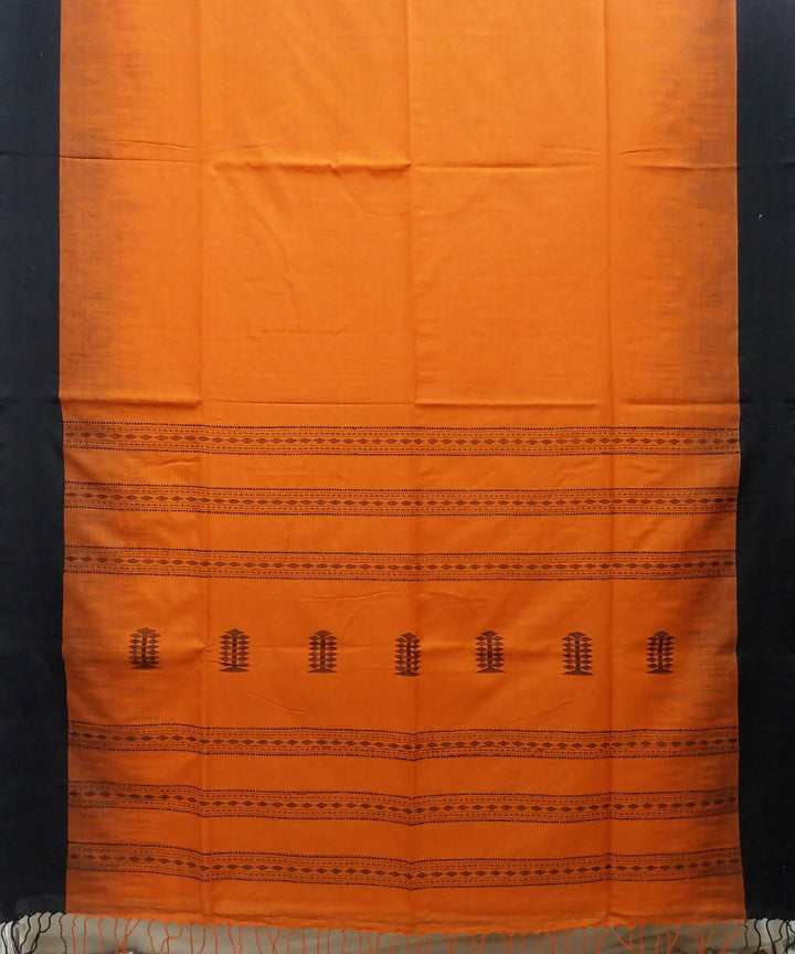 Orange Black Handspun Handwoven Cotton Saree