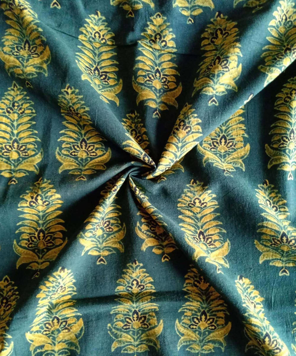 2.5m Green yellow natural dye handspun handwoven cotton ajrakh print fabric