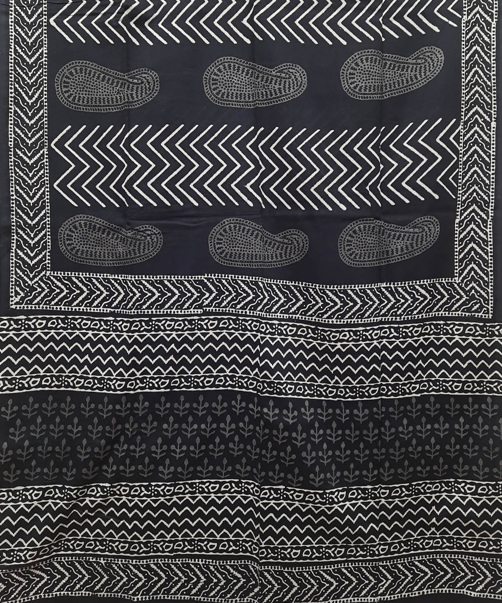 Black hand block printed paisley motif mul cotton saree