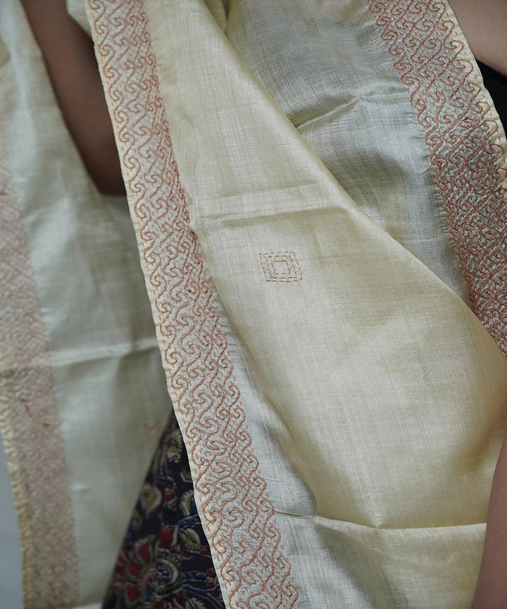 Cream silk with baby pink hand embroidery stole