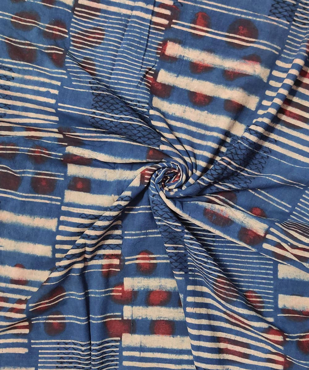 Blue and red natural dye ajrakh print organic handspun cotton fabric