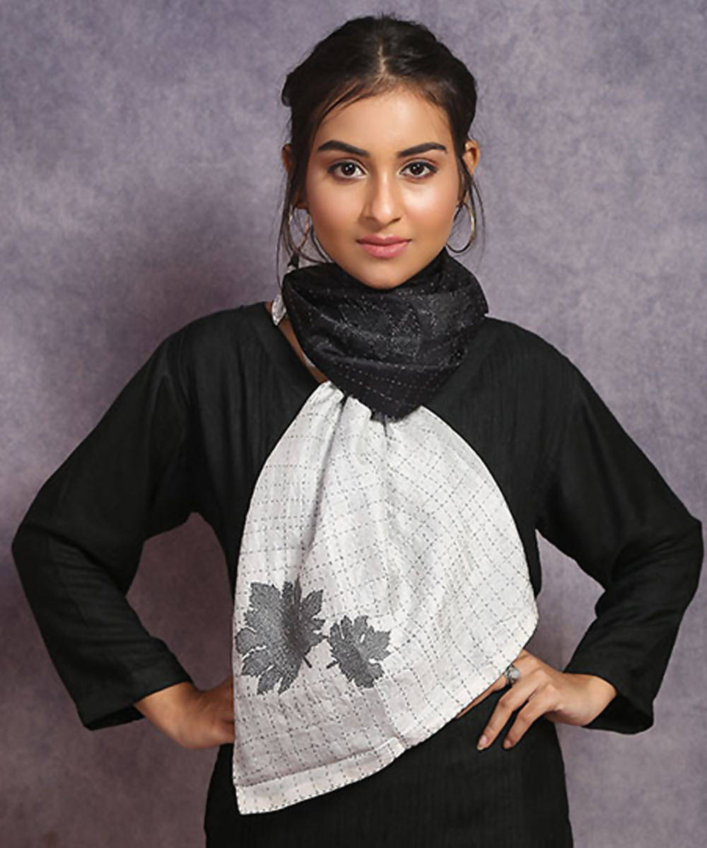 Black white hand embroidery reversible silk stole
