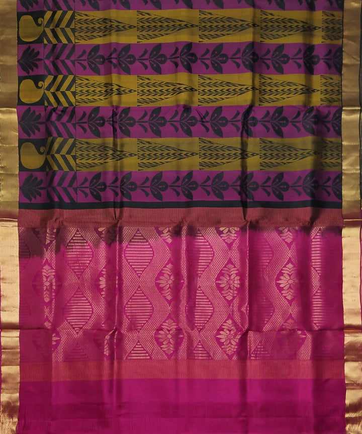 Black with mustard and purple handloom soft silk saree