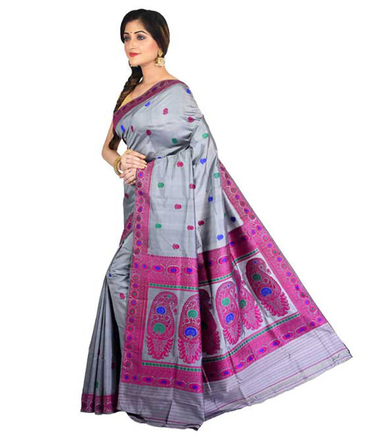 Grey purple handwoven baluchari silk saree