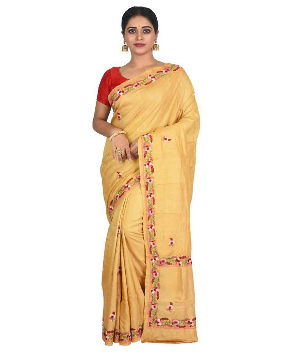 Yellow bengal hand embroidery tussar silk saree