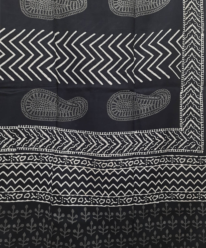 Black hand block printed paisley motif mul cotton saree