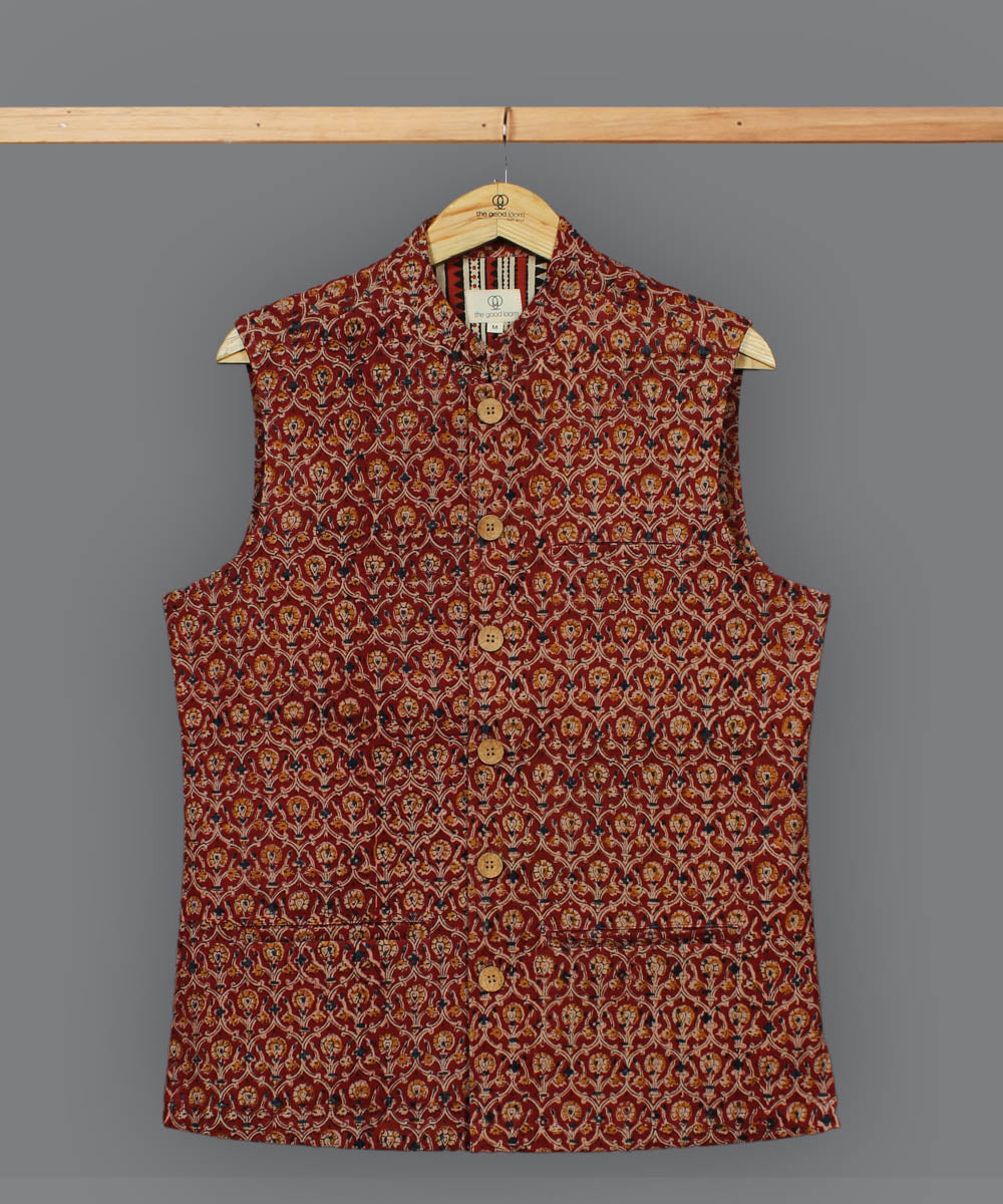 Red handblock kalamkari cotton nehru jacket