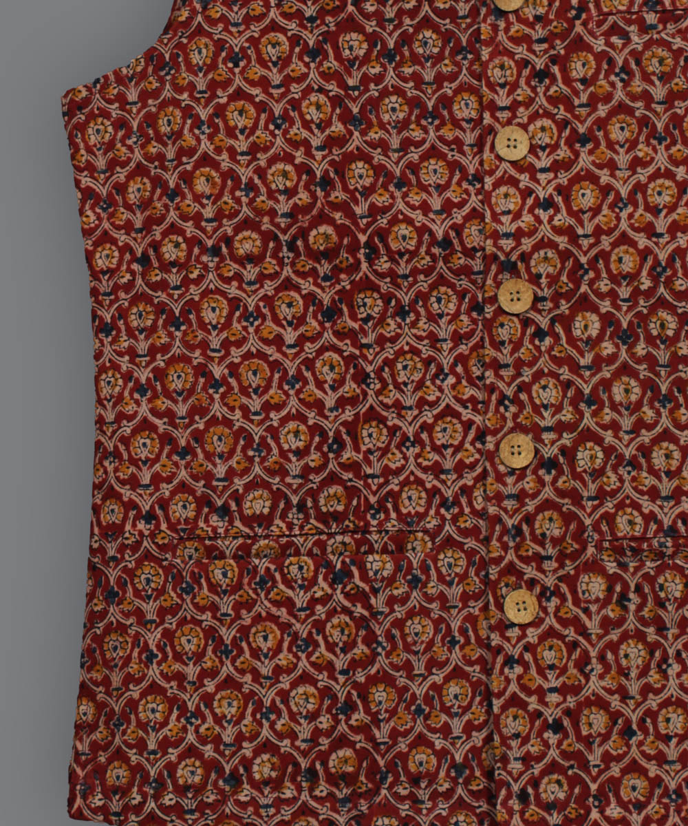 Red handblock kalamkari cotton nehru jacket