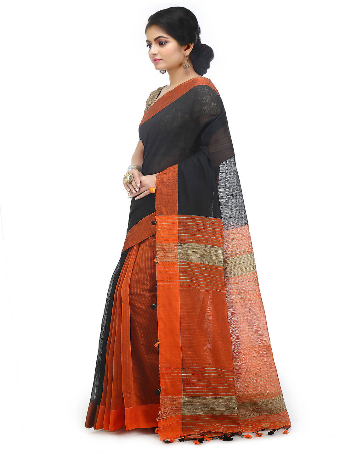 Black orange bengal handloom cotton blend saree