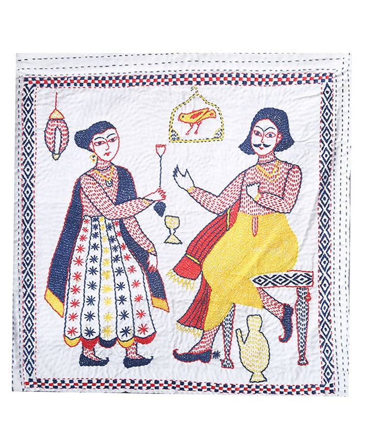 White base hand made kantha stitch silk bag