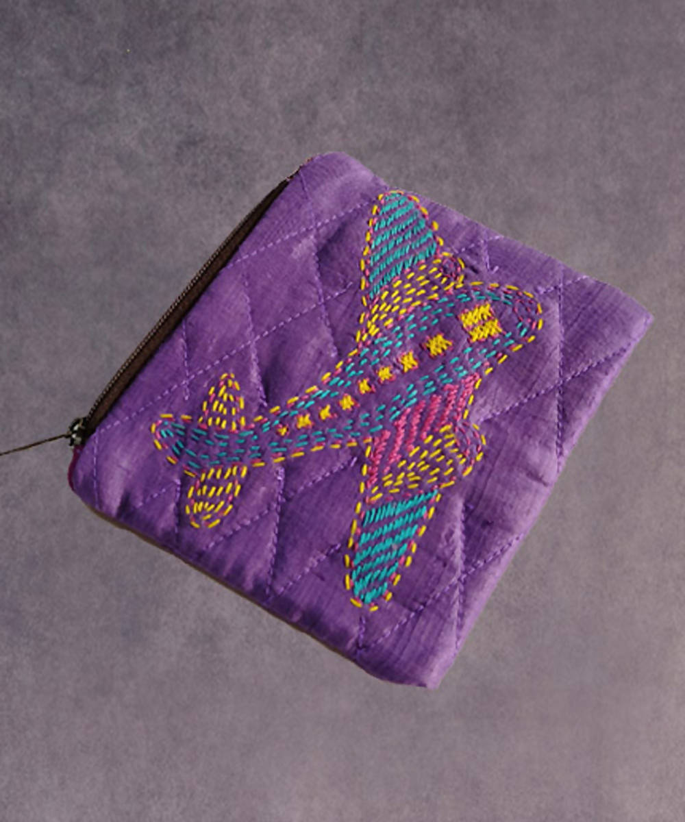 Purple hand made kantha stitch silk coin purse
