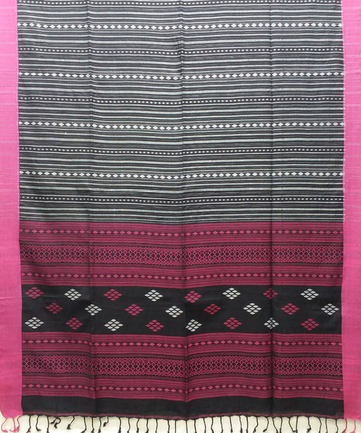 Bengal handspun handwoven cotton black and pink saree