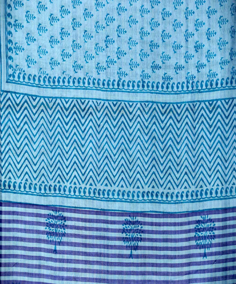 Blue handblock printed cotton saree