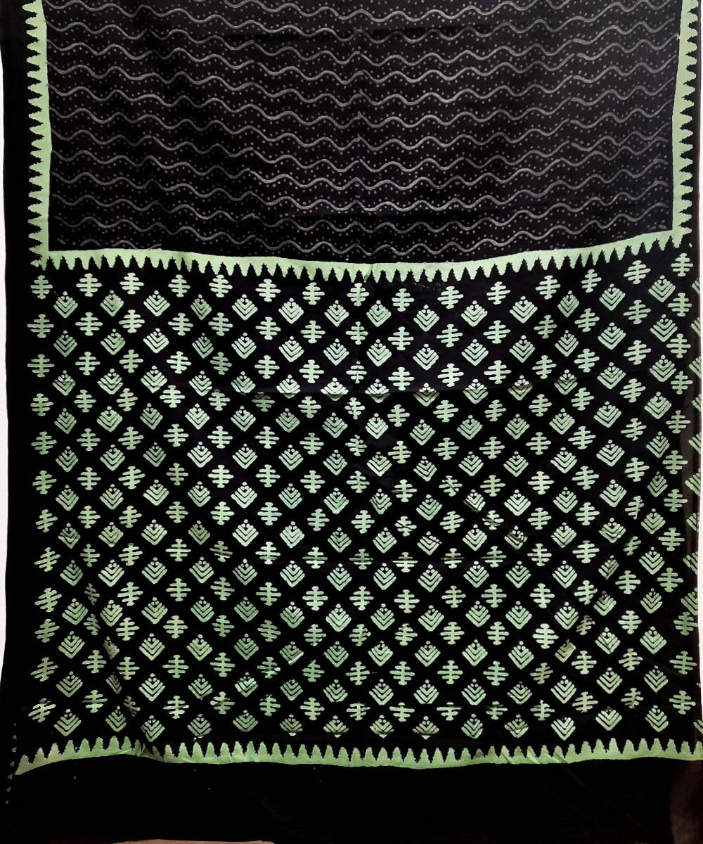 Black light green hand block printed cotton saree