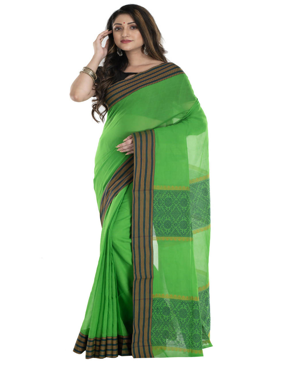 Green bengal cotton handwoven saree