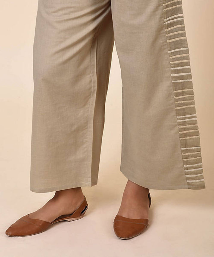 Beige cotton handcrafted womens straight pants with embroidery