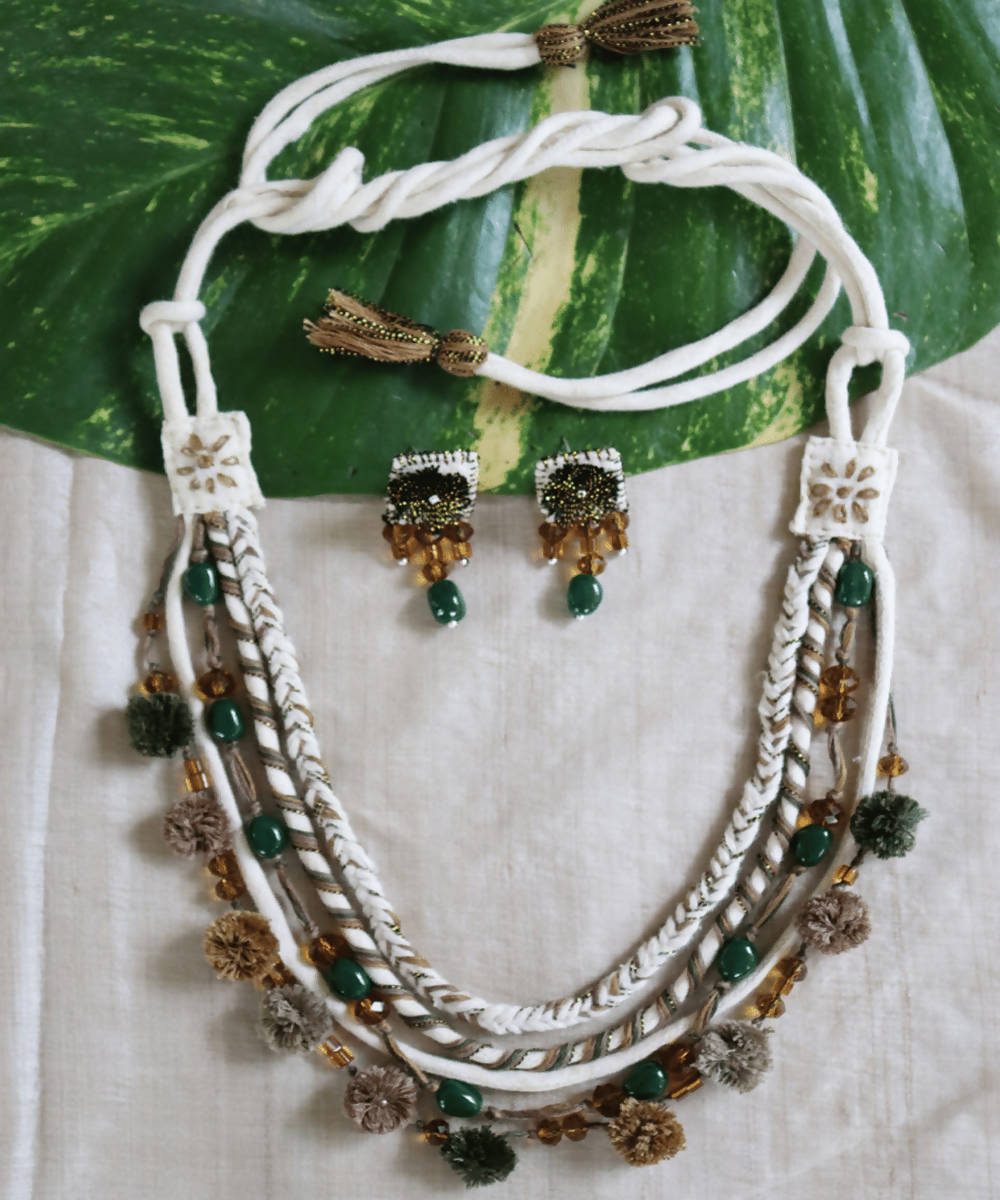 Cream olice green and golden handmade cotton and ruby stone necklace