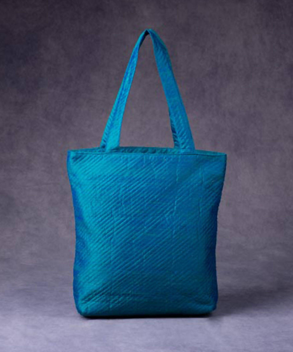 Bright navy blue hand made silk tote bag with leather and handle