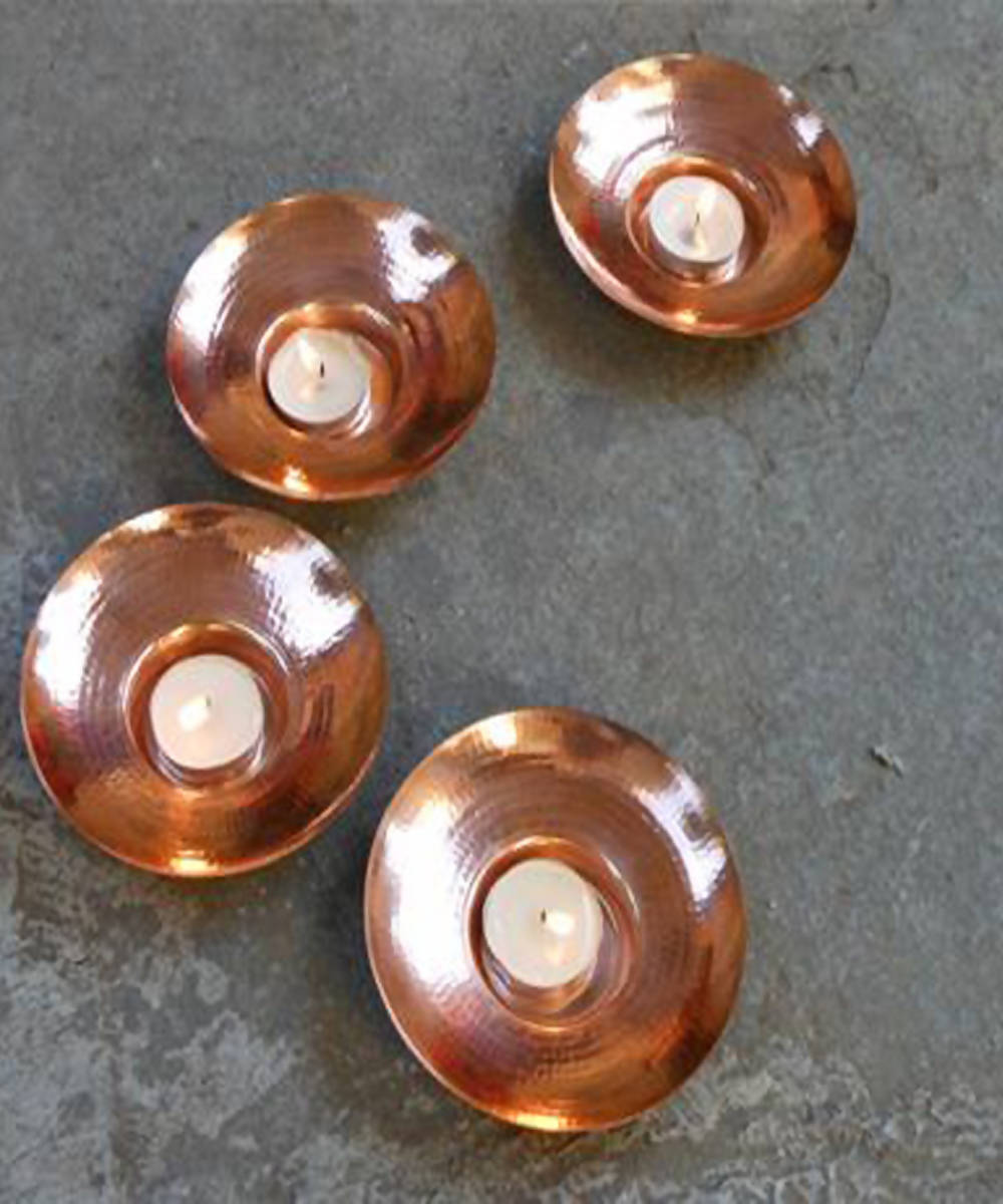 Handmade circular copper diya teal light