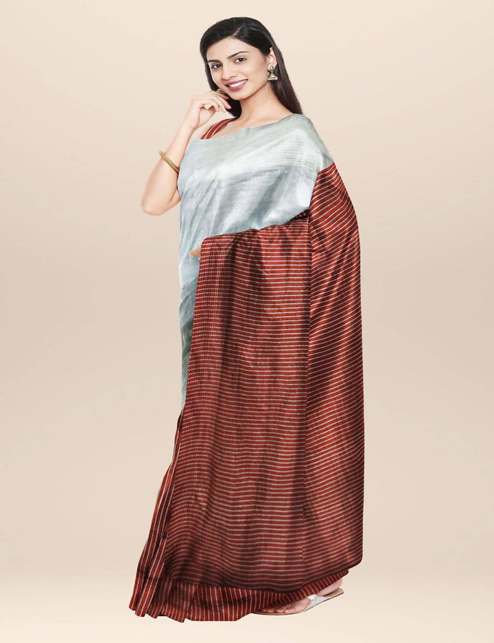 Grey and maroon handwoven half and half striped silk saree