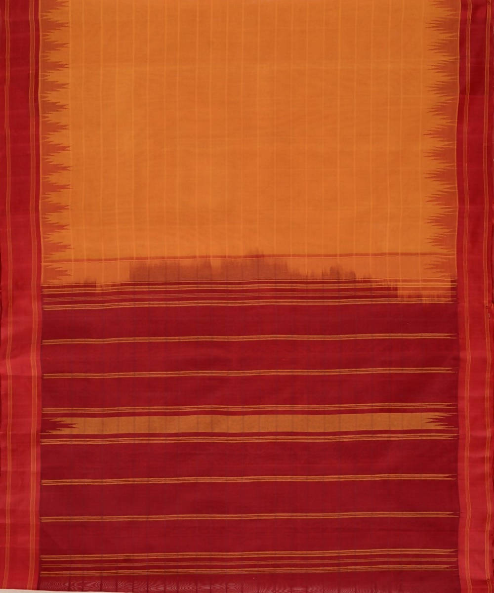 Mustard handloom kanchi cotton saree dark red silk korvai temple border