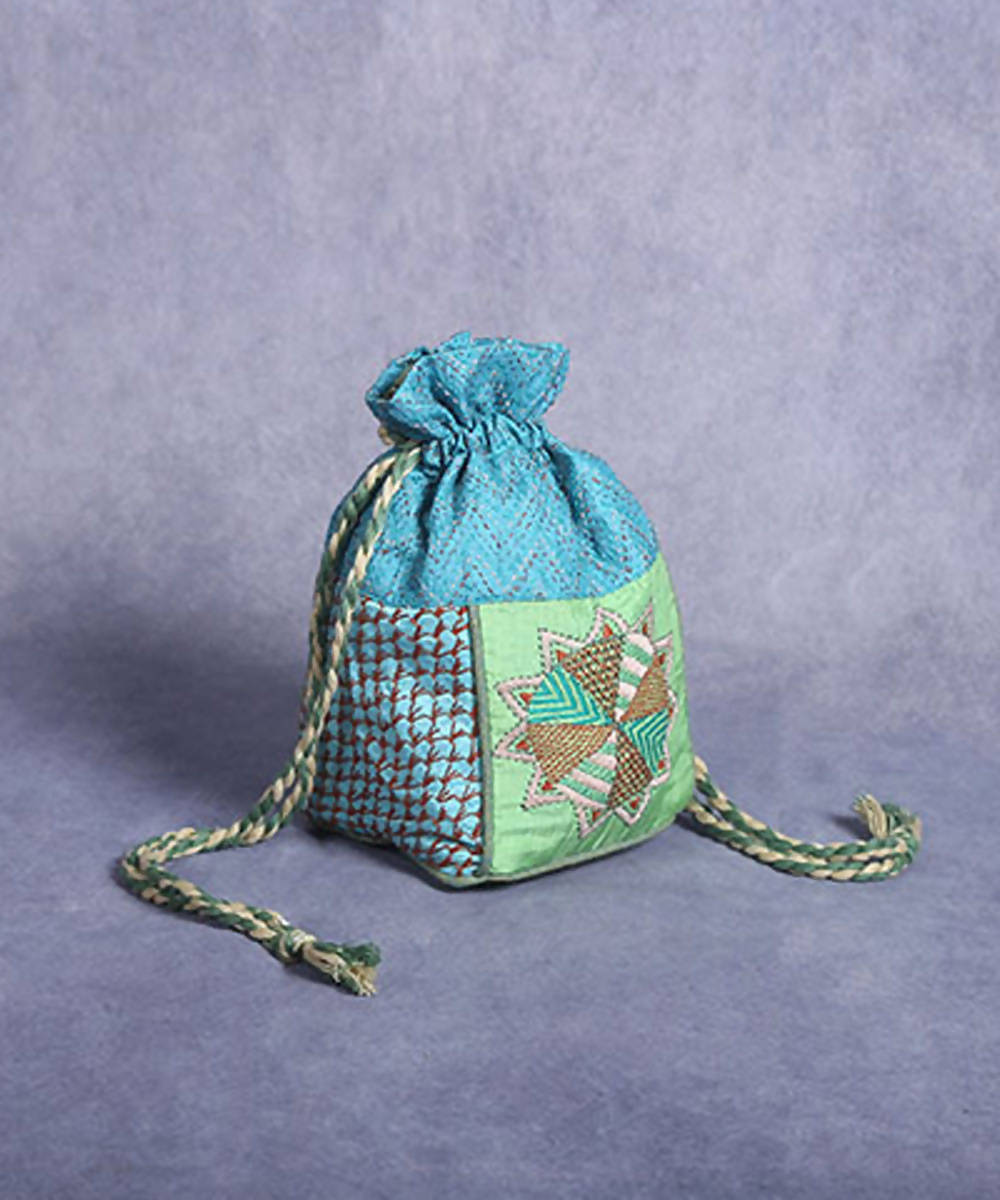 Light blue hand made kantha stitch cotton batua bag