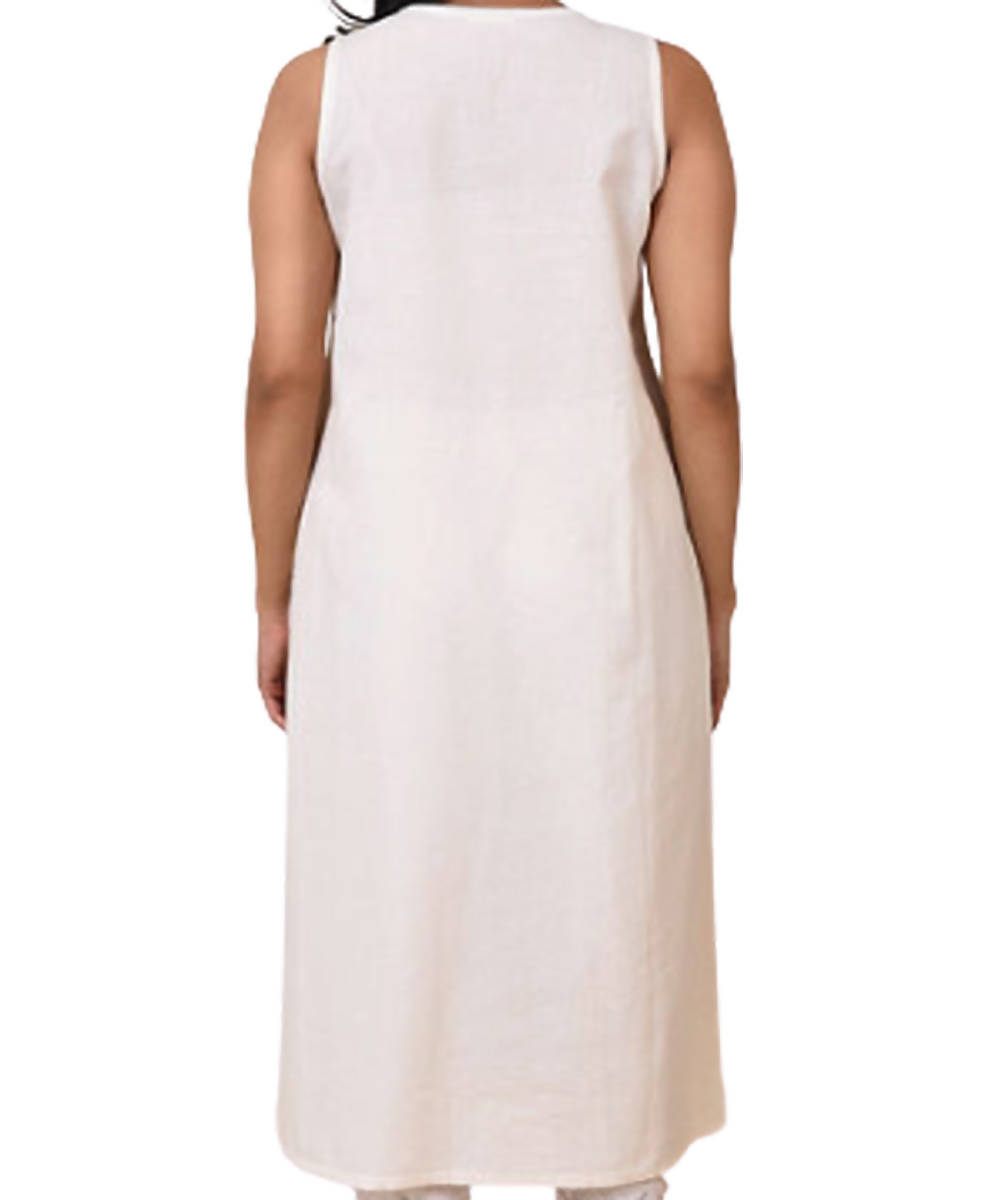 White handcrafted sleeveless angrakha kora cotton kurta