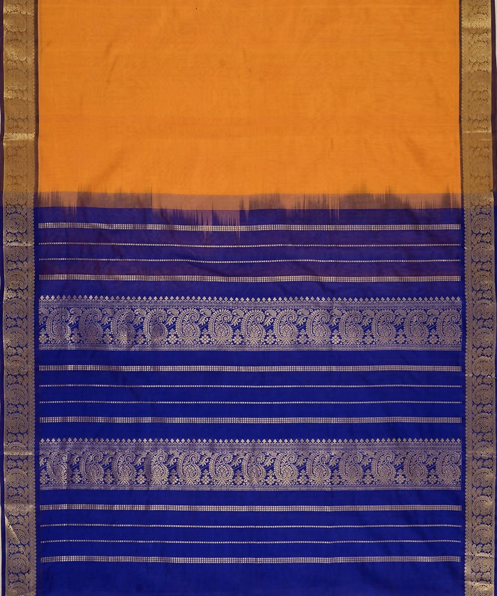 Mustard kanjivaram silk cotton saree with blue border