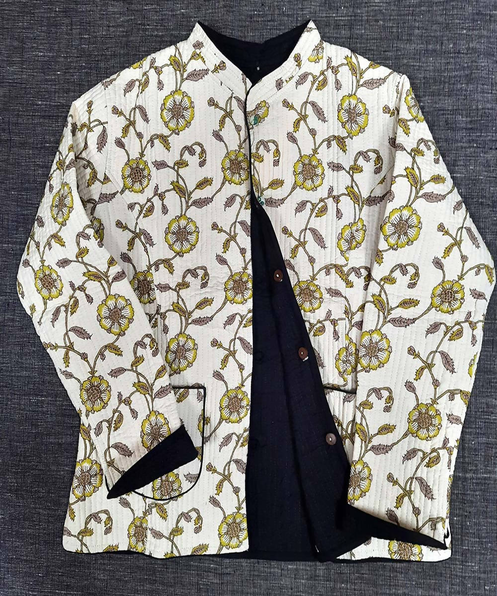 Black and white block printed reversible jacket with cotton quilting