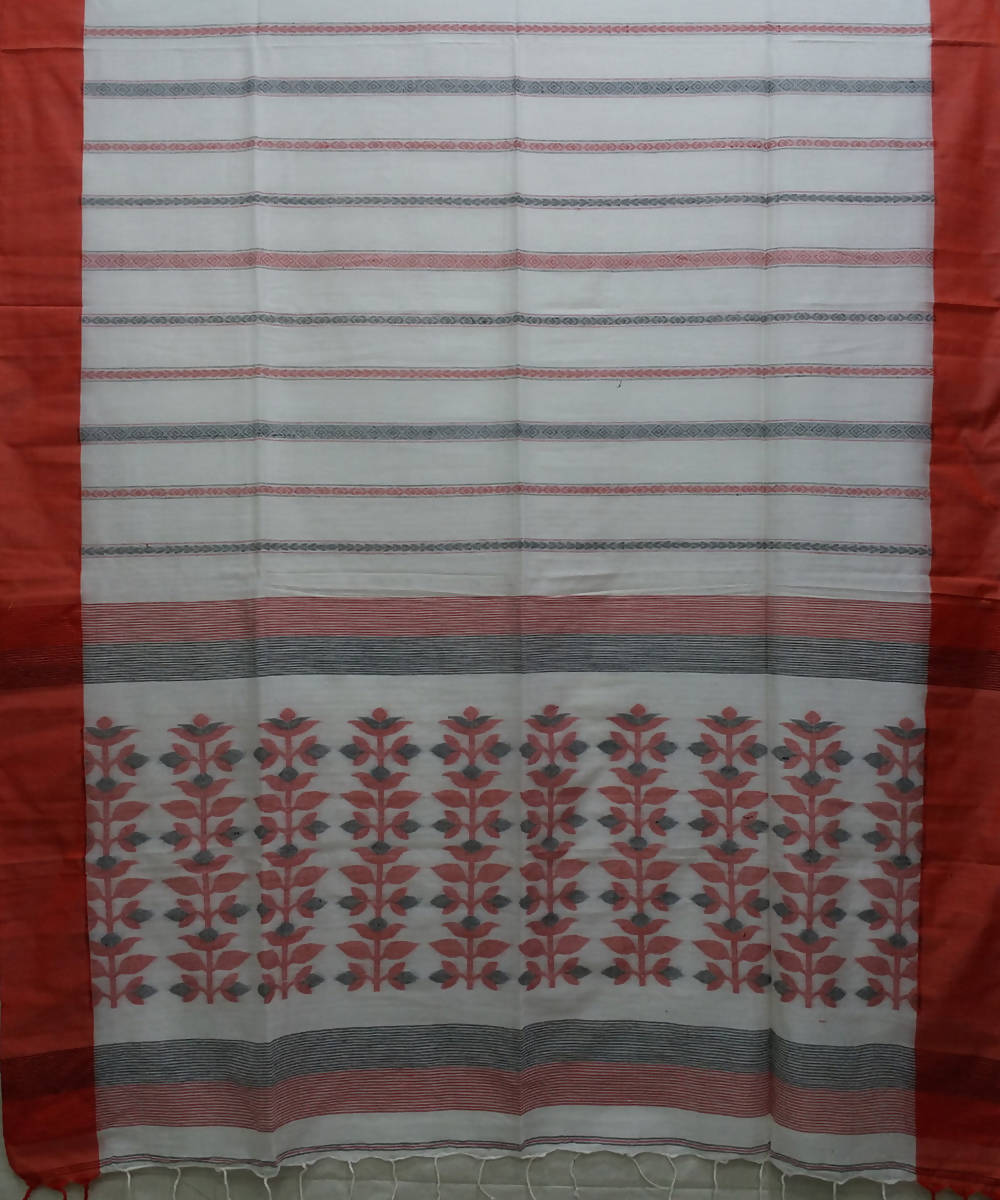 White and red handwoven cotton bengal saree